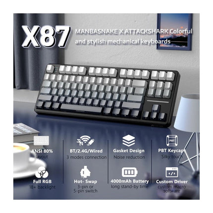 ATTACK SHARK X87 Tri-Mode (USB-C/2.4G Wireless/Bluetooth) 80% Gasket Mechanical Gaming Keyboard