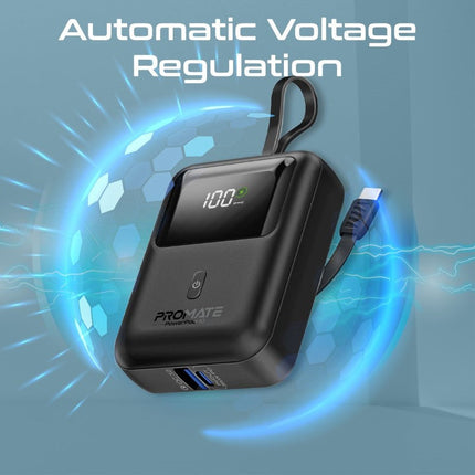 Promate 10000mAh Ultra Compact 35W Power Bank with Built-In USB-C Cable - Black