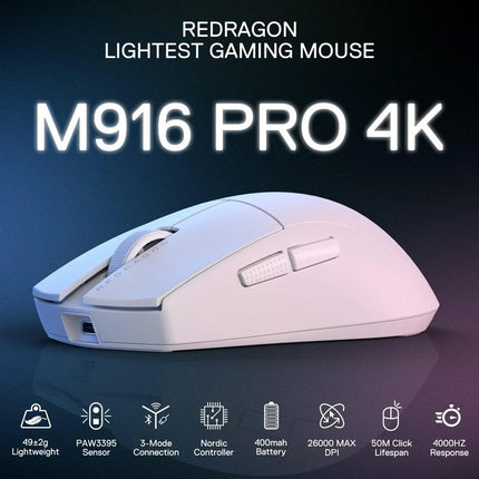 Redragon M916 K1NG PRO Wireless/Wired 4K Hz Ultra-Light Gaming Mouse - White