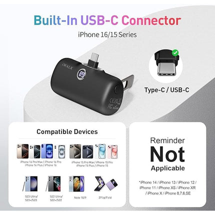 iWalk Portable Charger for iPhone 15 iPhone 16 Series, 20W PD Fast Charging USB-C Power Bank