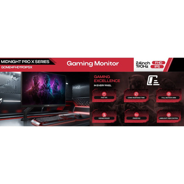 GAMEON GOM24FHD190IPSX Midnight Pro X Series 24" FHD, 190 Hz, MPRT 0.5 ms, Fast IPS Gaming Monitor (Support PS5) with Stand - Black