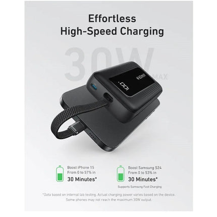 Anker Zolo Power Bank (10000mAh, 30 Watts, Built-In USB-C Cable) - Black