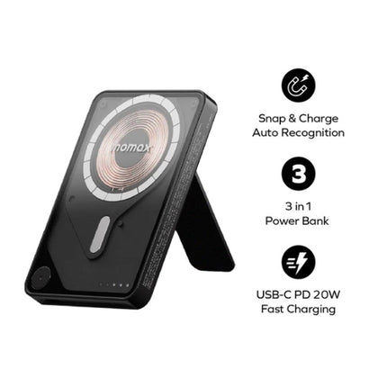Momax 1-Power X Pro Magnetic Wireless Battery Pack (5000 mAh) with Stand and Built-in USB-C Cable