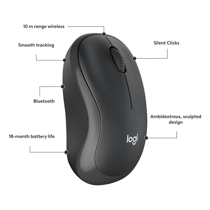 Logitech M240 Silent Bluetooth Mouse, Smooth Optical Tracking Sensor, Line-By-Line Scrolling, Bluetooth Connectivity, Silent Touch Technology - Graphite