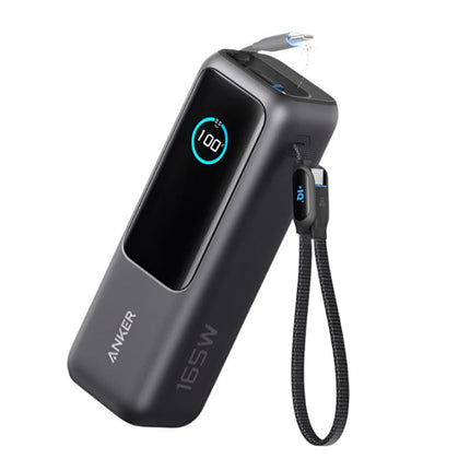Anker 25,000mAh Power Bank with Triple 100 W USB-C Ports for Multi-Device Charging, Built-in and Retractable Cables - Black