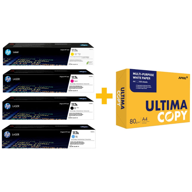 HP 117A Original Toner Cartridge Set (Black / Cyan / Yellow / Magenta) + FREE Ultima Copy A4 Paper (500 Sheets) Bundle Offer