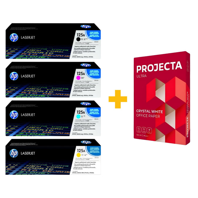 HP 125A Original Toner Cartridge Set (Black / Cyan / Yellow / Magenta) + FREE Projecta A4 Paper (500 Sheets) Bundle Offer