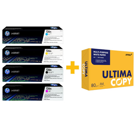 HP 126A Original LaserJet Toner Cartridge Set (Black / Cyan / Yellow / Magenta) + FREE Ultima Copy A4 Paper (500 Sheets) Bundle Offer