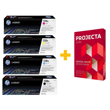 HP 128A Original LaserJet Toner Cartridge Set (Black / Cyan / Yellow / Magenta) + FREE Projecta A4 Paper (500 Sheets) Bundle Offer