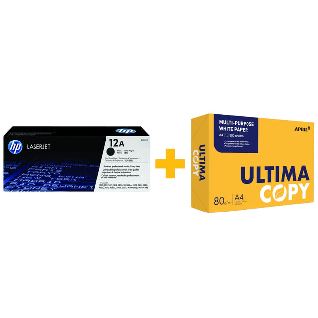 HP 12A Black Original LaserJet Toner Cartridge + FREE Ultima Copy A4 Paper (500 Sheets) Bundle Offer