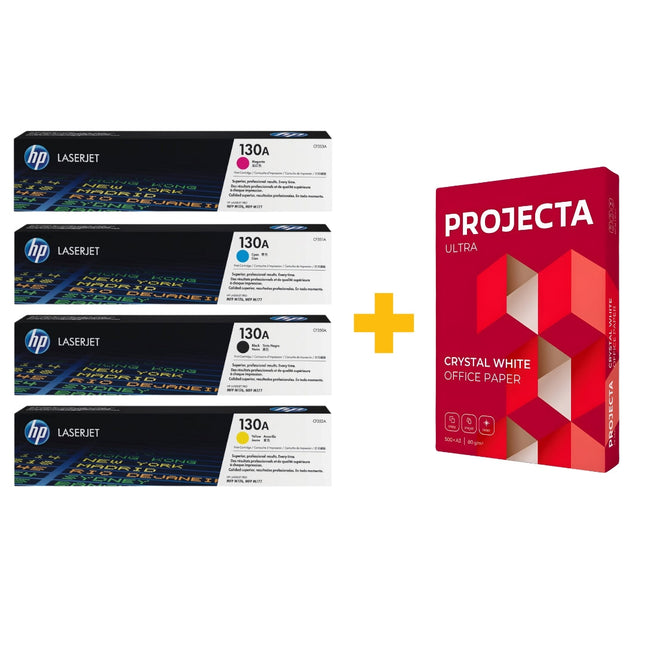 HP 130A Original LaserJet Toner Cartridges (Black / Cyan / Yellow / Magenta) + FREE Projecta A4 Paper (500 Sheets) Bundle Offer