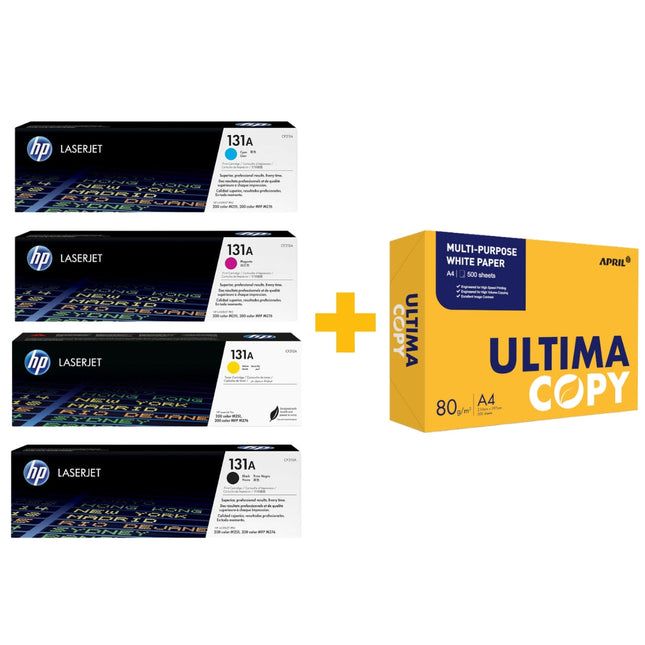 HP 131A Original LaserJet Toner Cartridges Set (Black / Cyan / Yellow / Magenta) + FREE Ultima Copy A4 Paper (500 Sheets) Bundle Offer