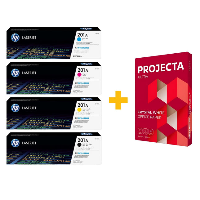 HP 201A Original Toner Cartridge Set (Black / Cyan / Yellow / Magenta) + FREE Projecta A4 Paper (500 Sheets) Bundle Offer
