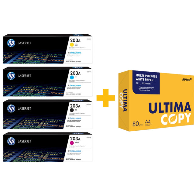 HP 203A Original Toner Cartridge Set (Black / Cyan / Yellow / Magenta) + FREE Ultima Copy A4 Paper (500 Sheets) Bundle Offer