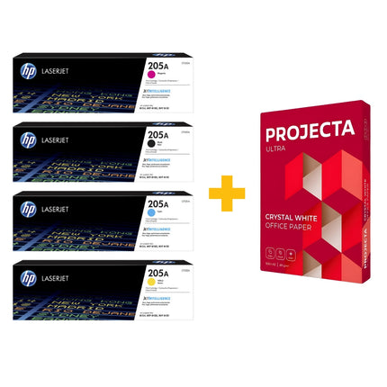 HP 205A Original LaserJet Toner Cartridge (Black / Cyan / Yellow / Magenta) + FREE Projecta A4 Paper (500 Sheets) Bundle Offer