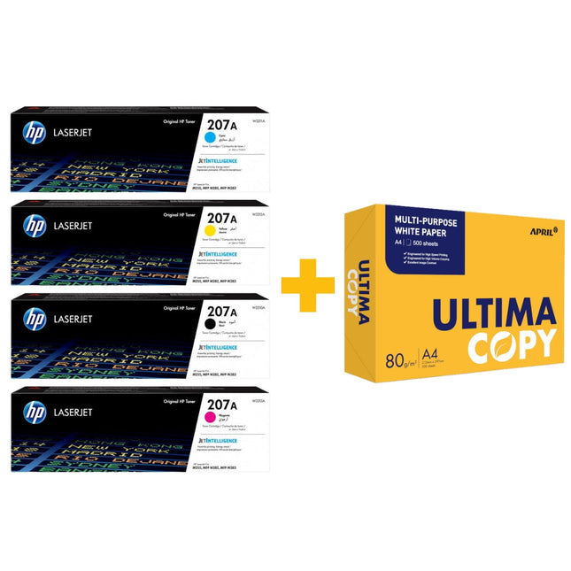 HP 207A Original Toner Cartridges (Black / Cyan / Yellow / Magenta) + FREE Ultima Copy A4 Paper (500 Sheets) Bundle Offer