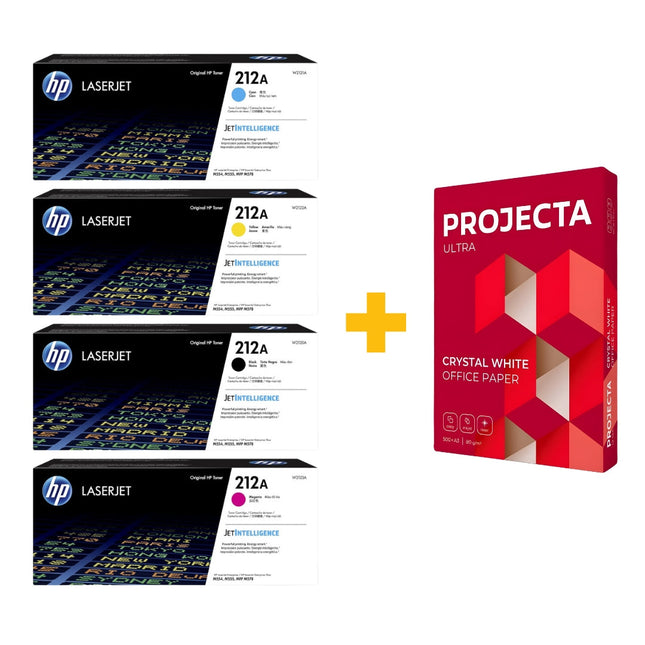HP 212A Original LaserJet Toner Cartridge (Black / Cyan / Yellow / Magenta) – CMYK Full Set + FREE PROJECTA A4 Paper (500 Sheets) Bundle Offer