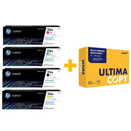 HP 216A Original LaserJet Toner Cartridge Set (Black / Cyan / Yellow / Magenta) – CMYK Full Set + FREE ULTIMA COPY A4 Paper (500 Sheets) Bundle Offer