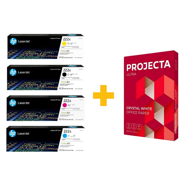 HP 222A Original LaserJet Toner Bundle Offer (Black + Cyan + Magenta + Yellow) + Free Projecta A4 Paper