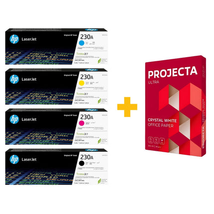 HP 230A Original LaserJet Toner Cartridge Set (Black / Cyan / Yellow / Magenta) + FREE Projecta Ultra A4 Paper (500 Sheets) Bundle Offer