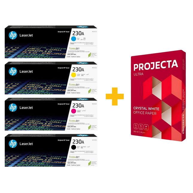 HP 230A Original LaserJet Toner Cartridge Set (Black / Cyan / Yellow / Magenta) + FREE Projecta Ultra A4 Paper (500 Sheets) Bundle Offer