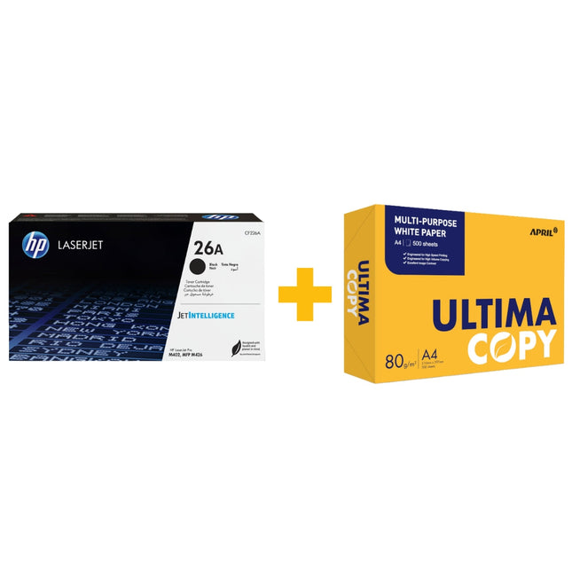 HP 26A Black Original LaserJet Toner Cartridge + FREE Ultima Copy A4 Paper (500 Sheets) Bundle Offer