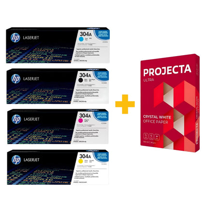 HP 304A Original LaserJet Toner Cartridge Set (Black / Cyan / Yellow / Magenta) + FREE Projecta Ultra A4 Paper (500 Sheets) Bundle Offer