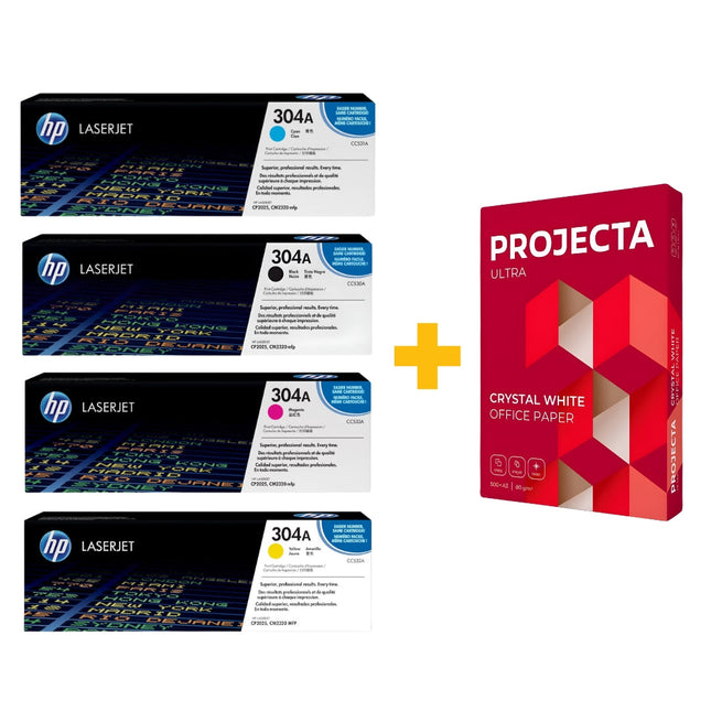 HP 304A Original LaserJet Toner Cartridge Set (Black / Cyan / Yellow / Magenta) + FREE Projecta Ultra A4 Paper (500 Sheets) Bundle Offer