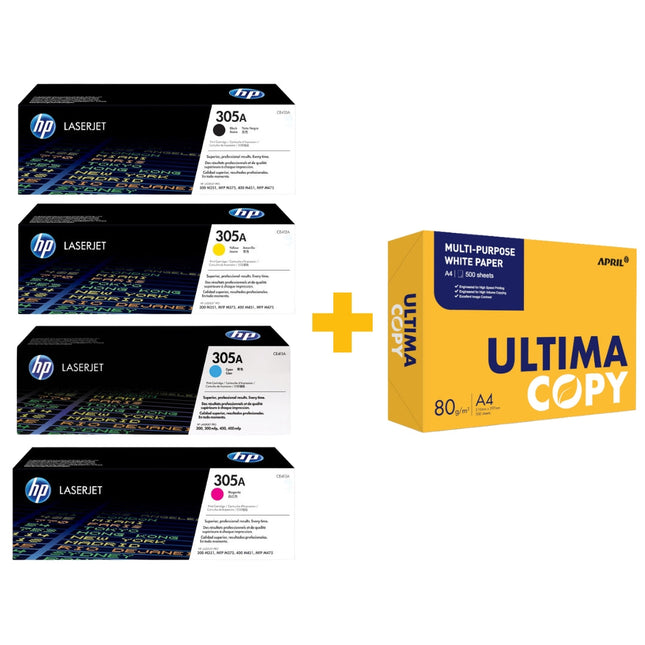 HP 305A Original LaserJet Toner Cartridge Set (Black / Cyan / Yellow / Magenta) + FREE Ultima Copy A4 Paper (500 Sheets) Bundle Offer