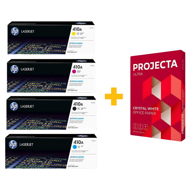 HP 410A Original LaserJet Toner Cartridge Set (Black / Cyan / Yellow / Magenta) + FREE Projecta A4 Paper (500 Sheets) Bundle Offer