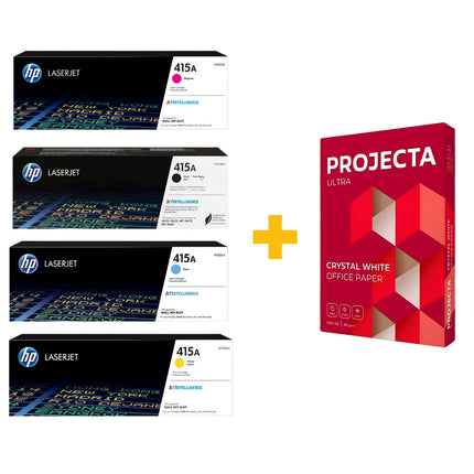 HP 415A Original LaserJet Toner Cartridge Set (Black / Cyan / Magenta / Yellow) + FREE Projecta A4 Paper (500 Sheets) Bundle Offer