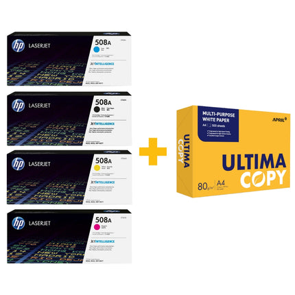 HP 508A Original LaserJet Toner Cartridge Set (Black + Cyan + Yellow + Magenta) + FREE Ultima Copy A4 Paper (500 Sheets) Bundle Offer
