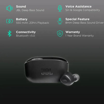 JBL Wave 100TWS True Wireless Earbuds - In-Ear / Wireless / Black