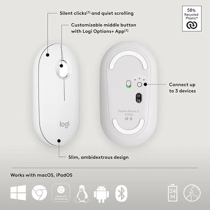 Logitech Pebble 2 M350s Wireless Mouse, Ambidextrous Design, Multi-Device Pairing, Bluetooth Connectivity, Silent Clicks with Silent Touch Technology - Tonal White