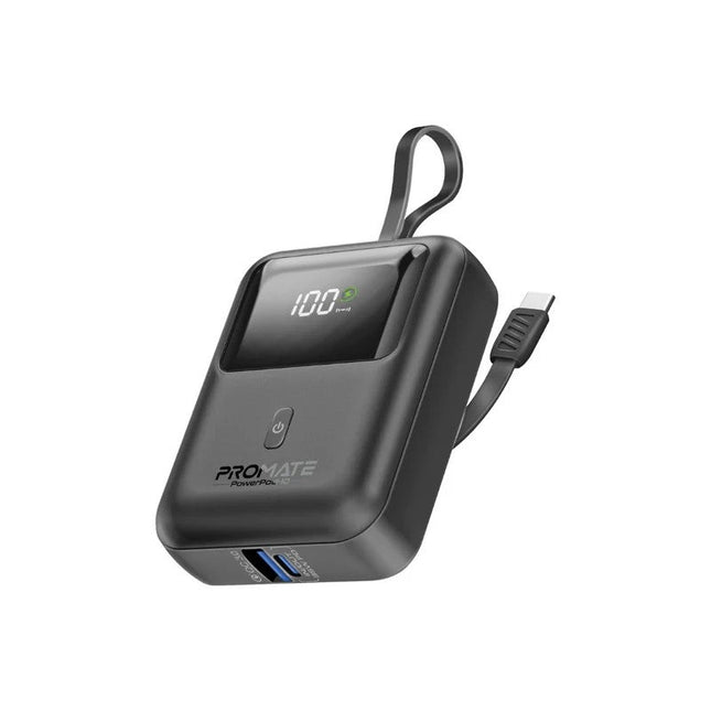 Promate 10000mAh Ultra Compact 35W Power Bank with Built-In USB-C Cable - Black