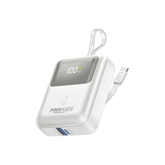Promate 10000mAh Ultra Compact 35W Power Bank with Built-In USB-C Cable - White