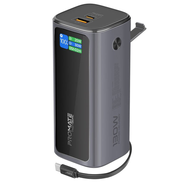 Promate 20000mAh 130W Aluminum Crafted Power Bank with Retractable USB-C Cable