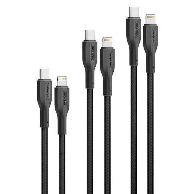 Promate 27W Power Delivery USB-C to Lightning Cable Kit (3 Pcs)