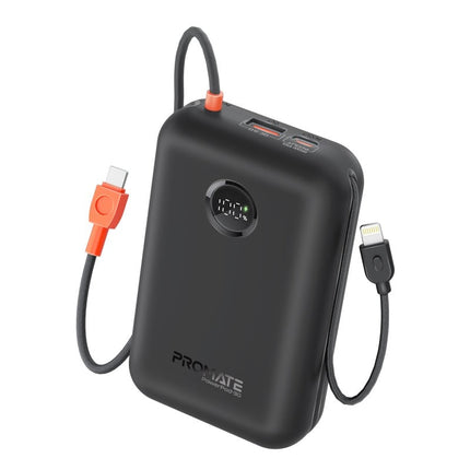 Promate 30000mAh Ultra Compact 35W Power Bank with Built-In USB-C & Lightning Cable - Black