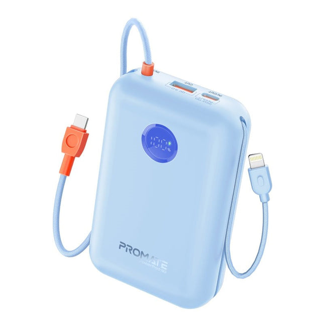 Promate 30000mAh Ultra Compact 35W Power Bank with Built-In USB-C & Lightning Cable - Blue