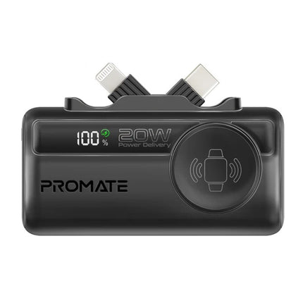 Promate 5000mAh Ultra-Compact Power Bank with USB-C, Lightning & Apple Watch Charge - Black