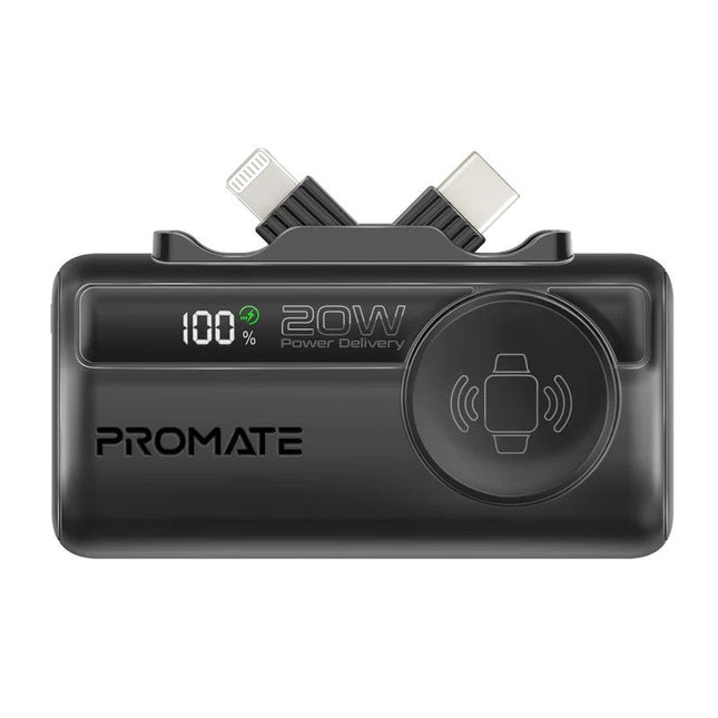 Promate 5000mAh Ultra-Compact Power Bank with USB-C, Lightning & Apple Watch Charge - Black