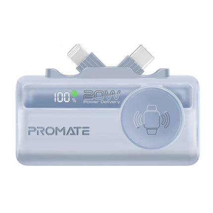 Promate 5000mAh Ultra-Compact Power Bank with USB-C, Lightning & Apple Watch Charge - Blue