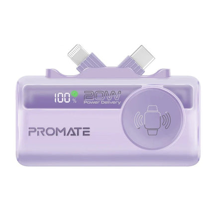 Promate 5000mAh Ultra-Compact Power Bank with USB-C, Lightning & Apple Watch Charge - Purple