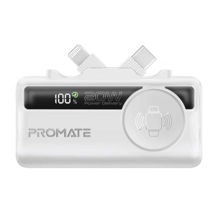Promate 5000mAh Ultra-Compact Power Bank with USB-C, Lightning & Apple Watch Charge - White