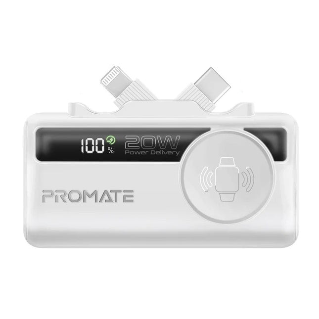Promate 5000mAh Ultra-Compact Power Bank with USB-C, Lightning & Apple Watch Charge - White