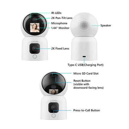 ZOSI C528M Indoor Camera With Dual Lens - 3 + 3 MP / Two-Way Audio / Human detection