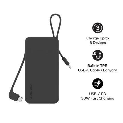 Momax 1-Power Vital+ 10000mAh Battery Dual Built-in USB-C Cable
