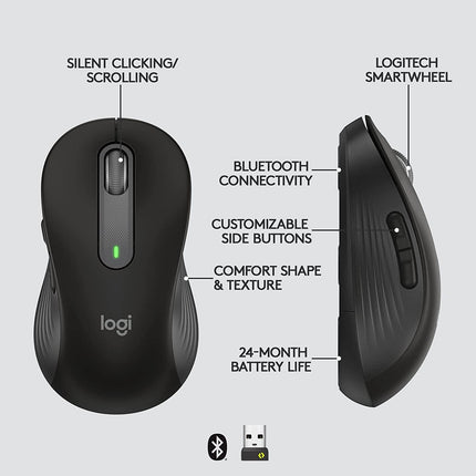 Logitech Signature M650 Wireless Mouse, For Small to Medium Sized Hands, Silent Clicks, 5 Buttons, Bluetooth, Multi-Device Compatibility, 400 DPI, 10 M Range - Graphite