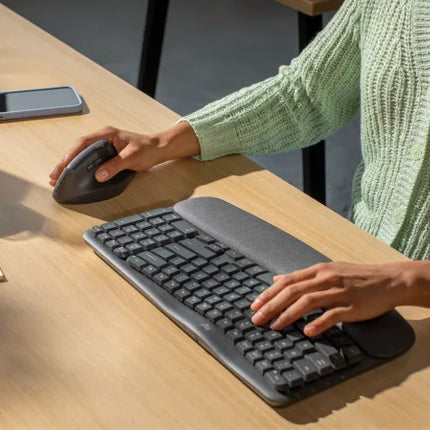 Logitech Wave Keys Wireless Ergonomic Keyboard with Cushioned Palm Rest, Comfortable Natural Typing,  Bluetooth, Logi Bolt Receiver, for Multi-OS, Windows/Mac, English/Arabic Layout - Graphite